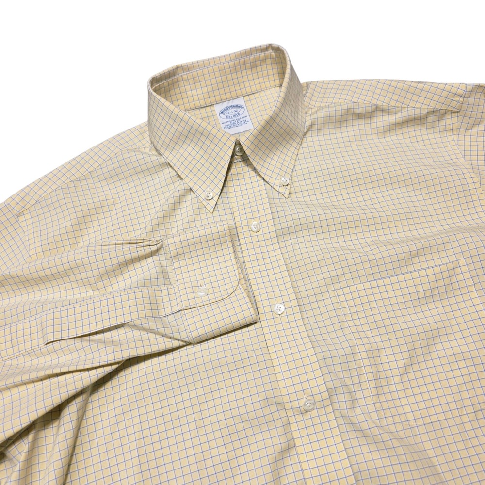 Brooks Brothers Men Slim Fit Yellow Blue Check Non Iron Stretch Shirt 16.5 32